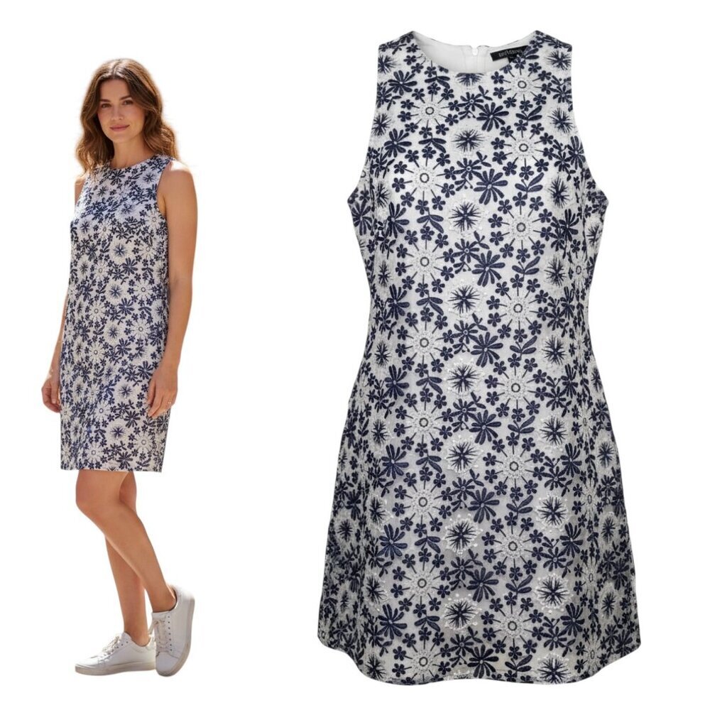 Alya Embroidered Mesh Overlay Dress Medium Navy Floral Lined Sleeveless
